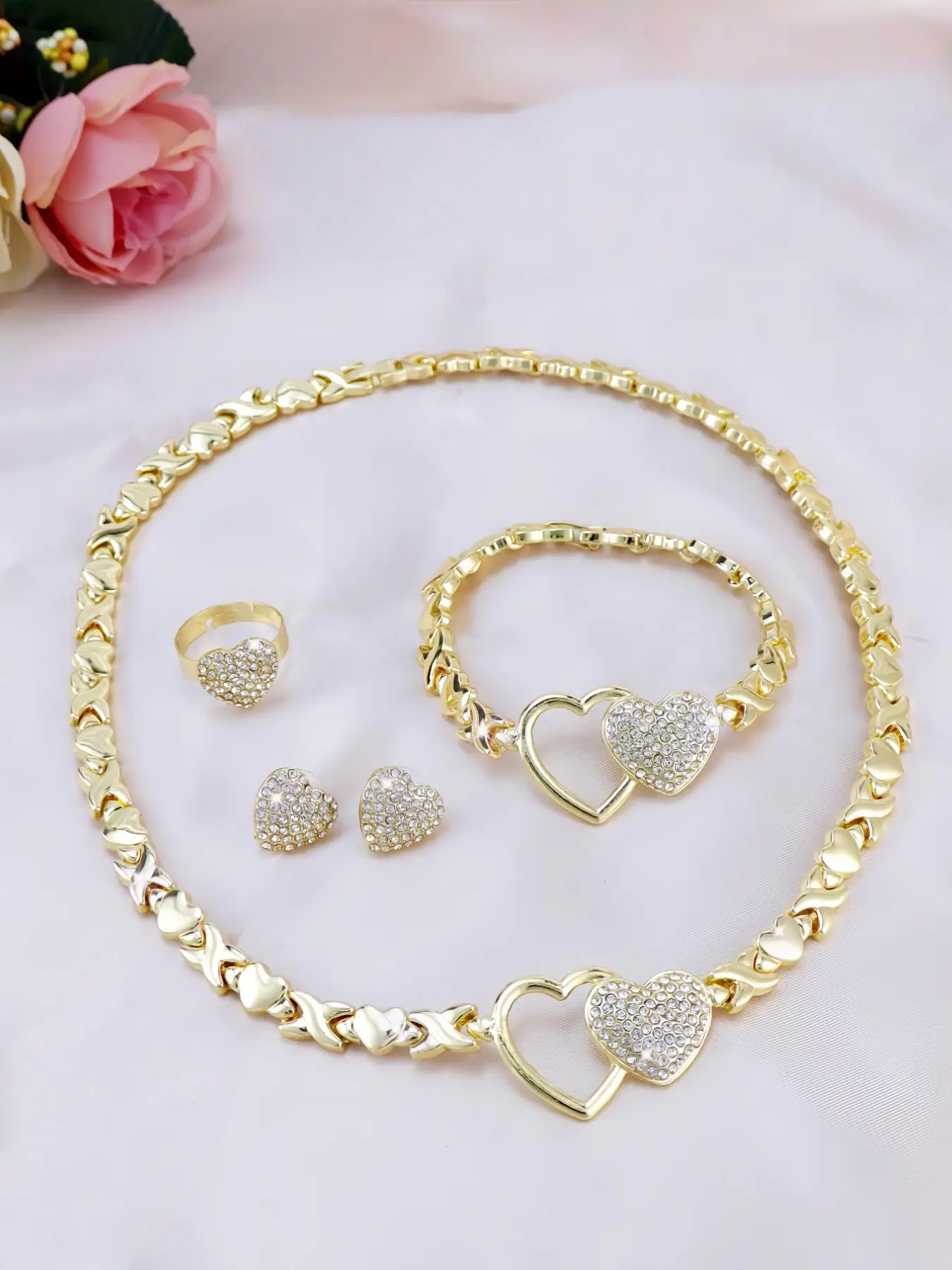 4-Piece Xoxo Heart Pendant Necklace Earrings Set, Fashion Jewelry for Parties Weddings Holidays, Dubai Africa Europe America, Wedding Jewelry Sets for Brides