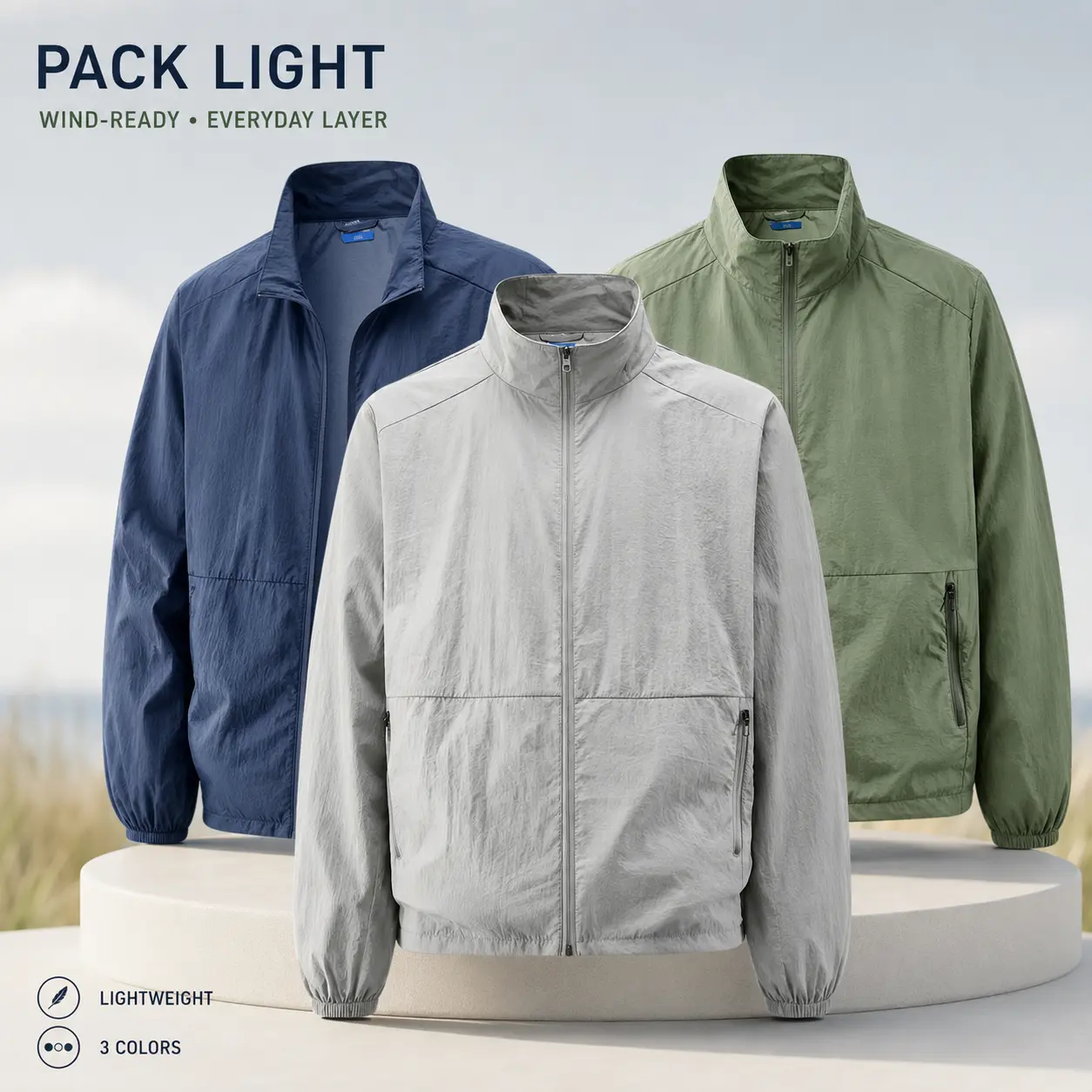 Men Lightweight Stand Collar Wind Jacket Full Zip Elastic Cuff Multi Pocket Casual Outdoor Daily Windproof Packable Coat