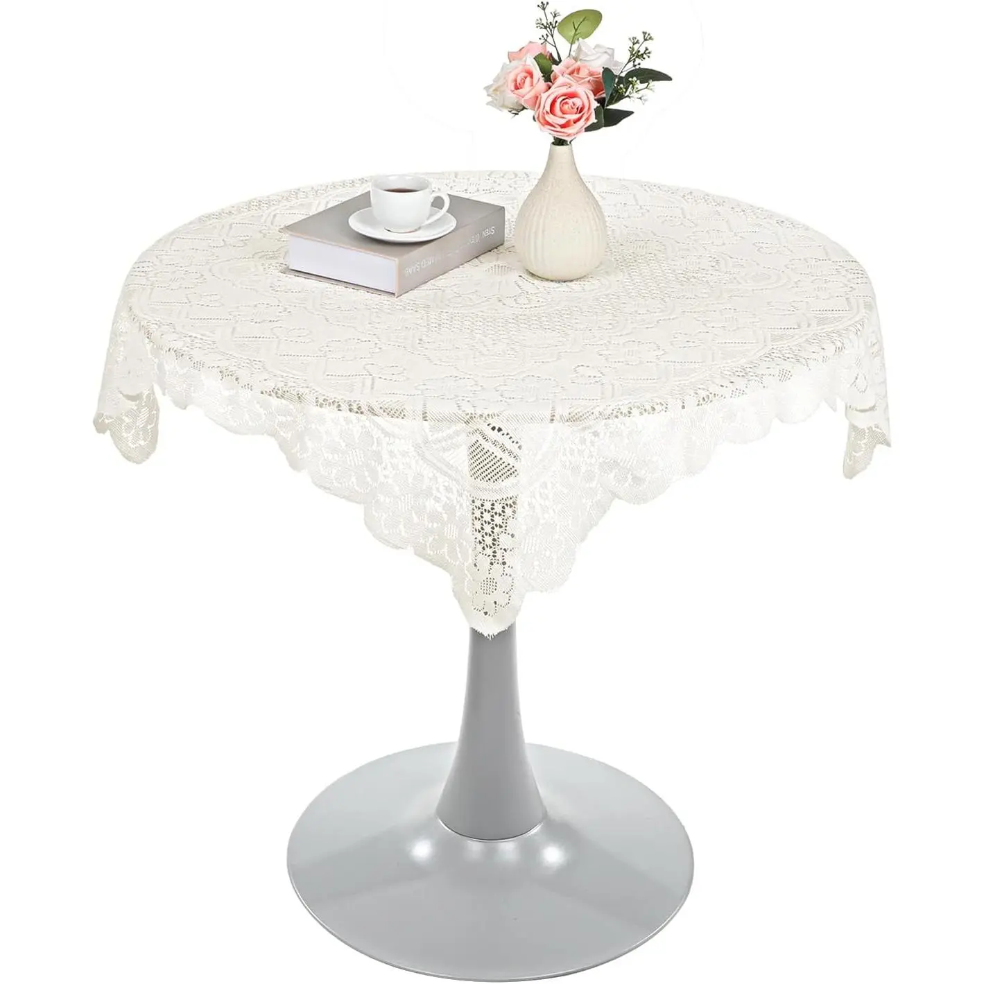 Pet Supplies Beige Floral Lace Square Tablecloth, 36x36in/90x90cm, Anti-Shrink Fade-Resistant Vintage Crochet Cover for Wedding Outdoor Tea Party Home Decor