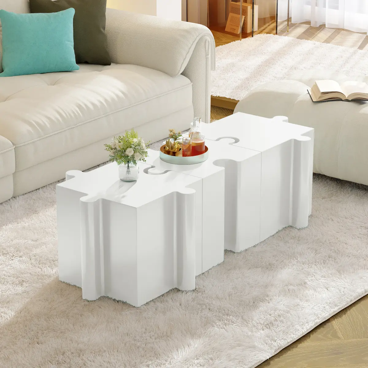 3-Piece Artistic Puzzle Table Set,Modular MGO Side Tables with Interlocking Design (2 Convex & 1 Concave), 200lb Capacity for Indoor & Outdoor,White Color