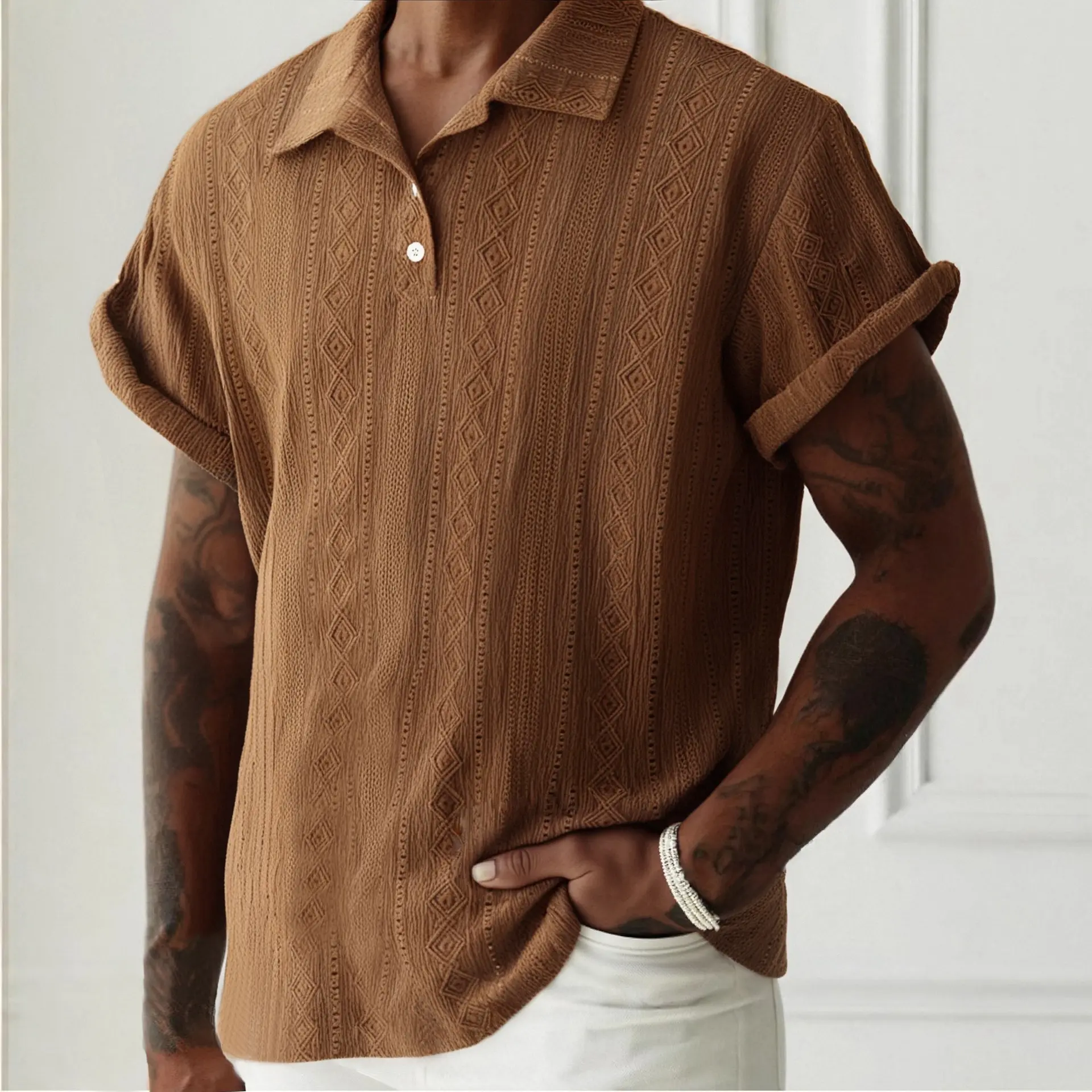 Men's Plain Short-Sleeve Polo Shirt - Solid Jacquard Textured Woven Polyester, Regular Fit, Breathable Summer Fashion Top, Ideal for Daily & Casual Wear, Male Menswear
