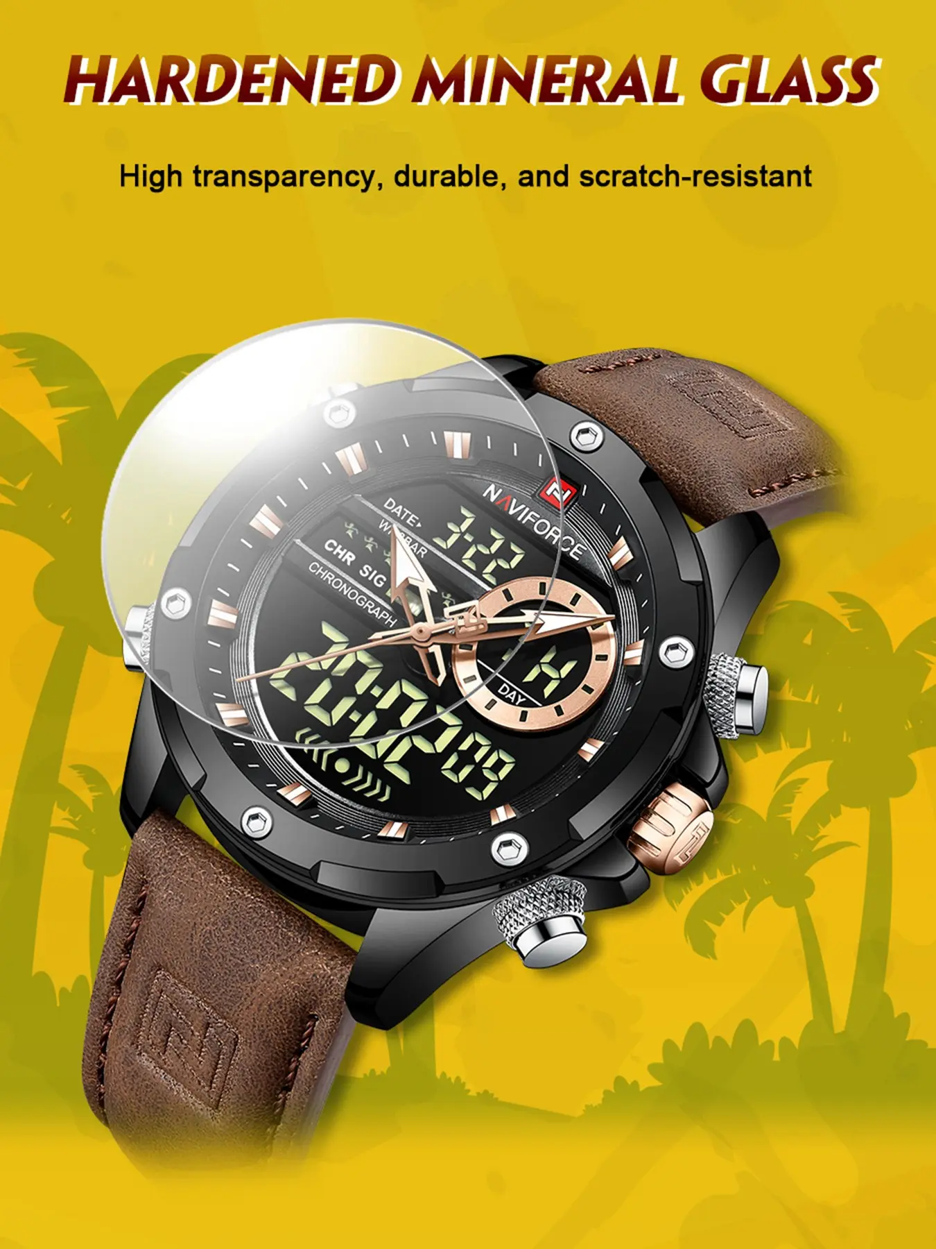 NAVIFORCE Luxury Men Quartz Watch Military LED Digital Waterproof Wristwatch Sport Chronograph, Fashionable Stylish Watch, Waterproof Watch with Luminous & Calendar Function, with Box
