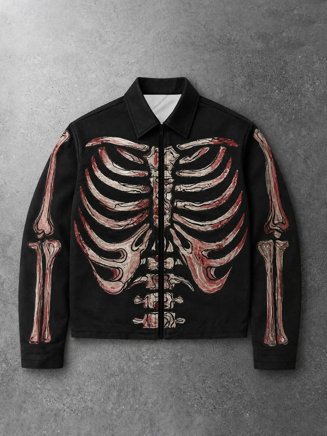 Men's zip-up jacket with a full-chest skeleton print, classic collar design, made from soft and comfortable fabric. Perfect for street photography, rock concerts, night outings, and alternative streetwear with a dark punk style. #SkeletonJacket #PunkCoat