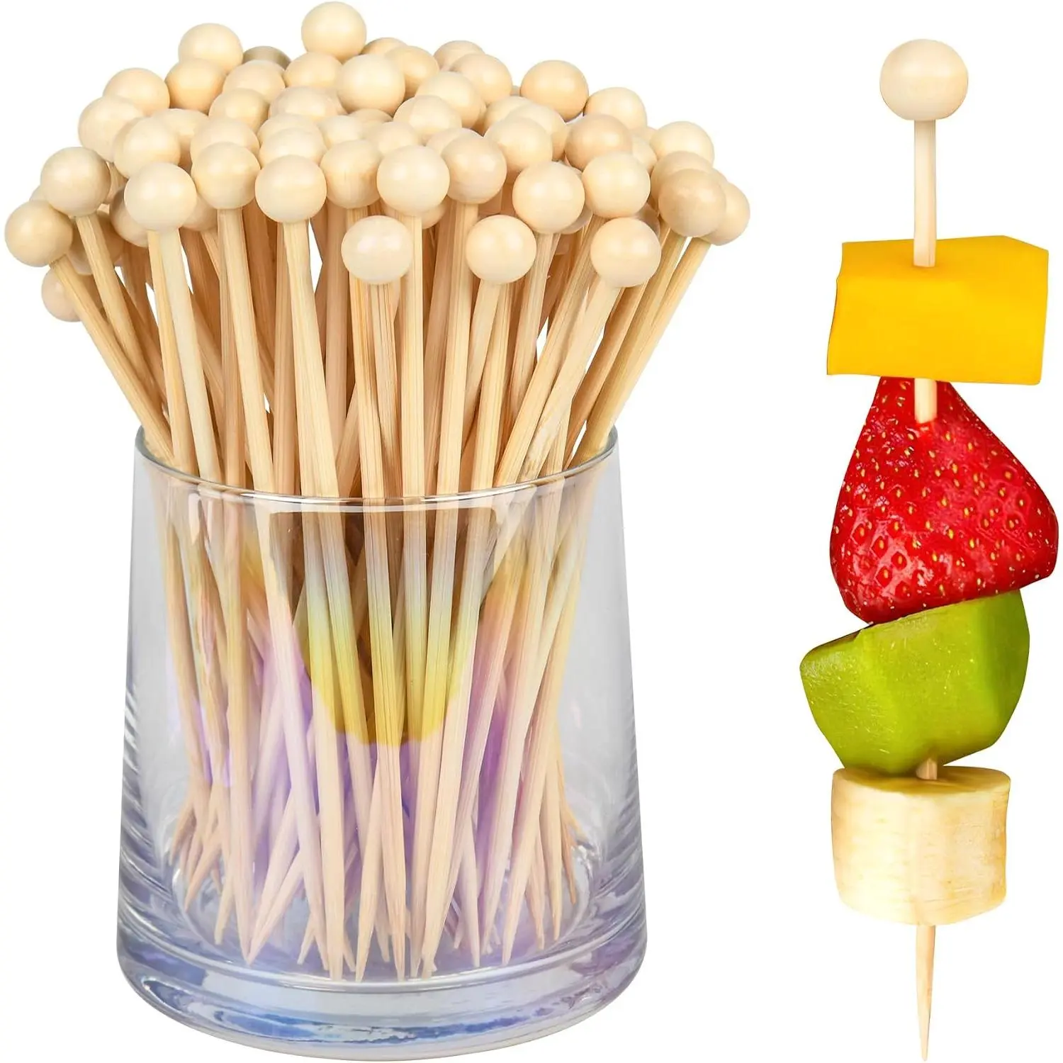 100 count Fancy Toothpicks for Appetizers,4.7Inch Wooden Ball  Picks For Drinks, Appetizer Skewers for Charcuterie Boards Accessories,Martini, Sandwich,Desserts,Fruit