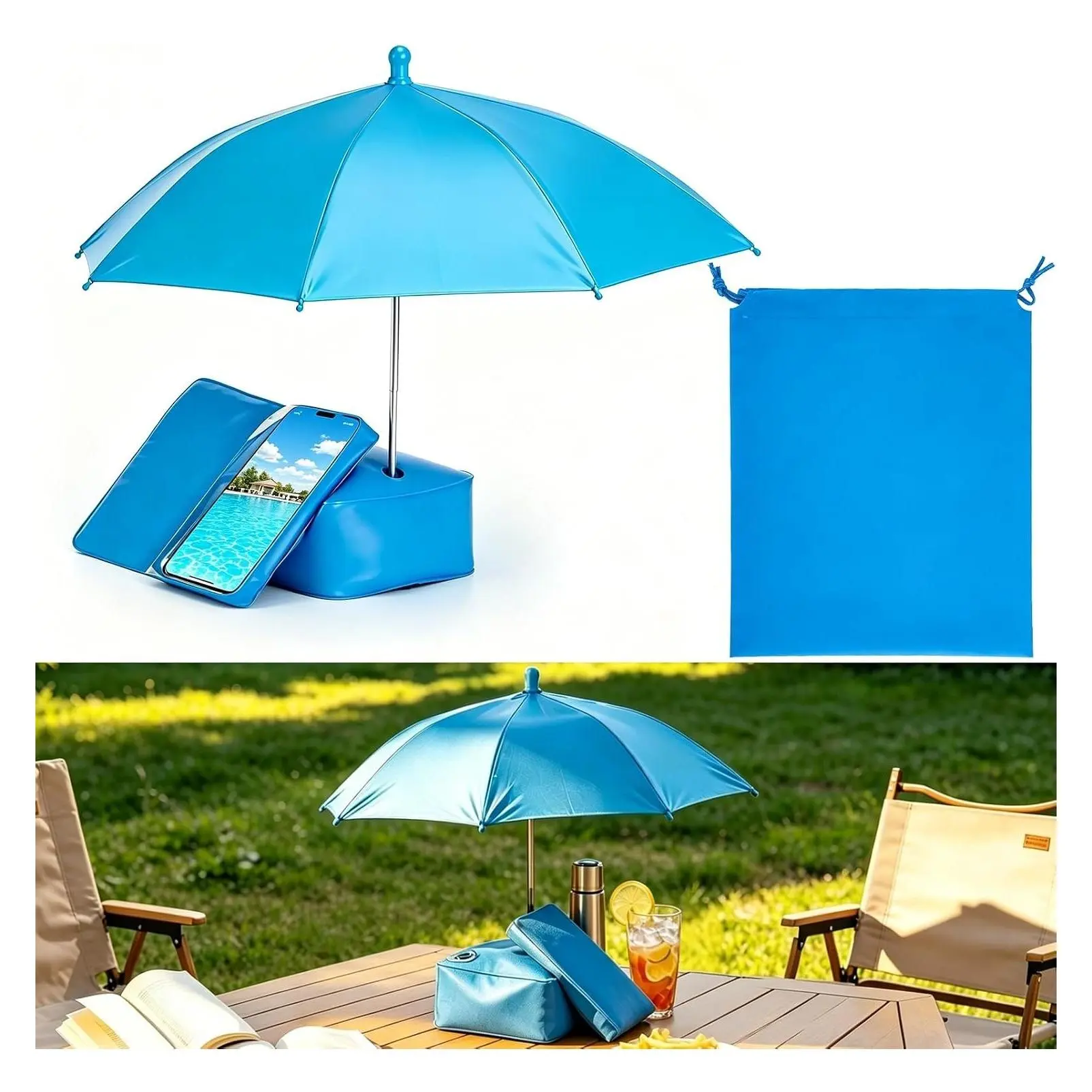 Touchscreen Poolside Phone & Drink Shade Umbrella with Water-Fill Base, Adjustable 19.7" Canopy, Portable Sun Shade for Pool Beach Patio Backyard Camping, Carry Bag IncludedGift