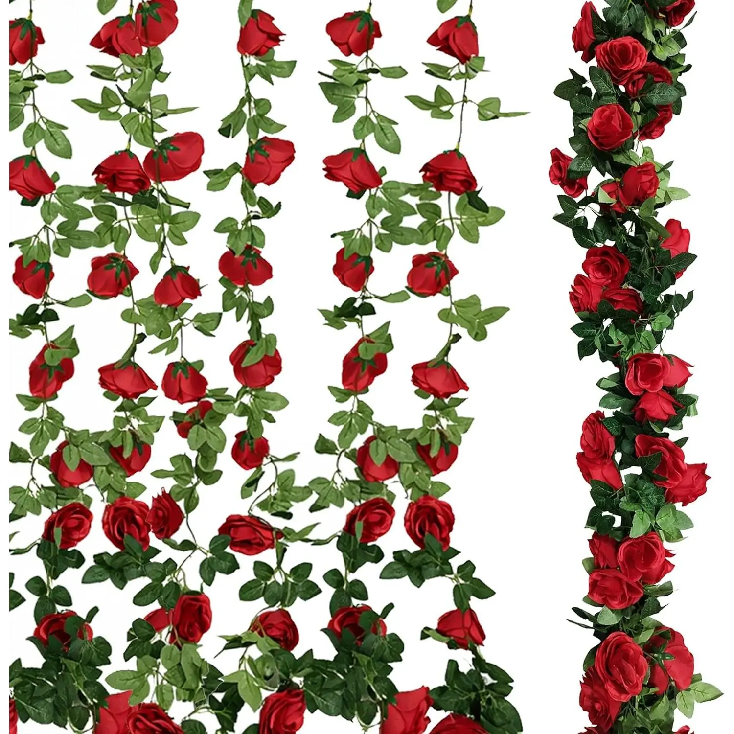 4Pcs (30 FT) Rose Vine - Lifelike Artificial Flower Garland, Silk Rose Garland with Leaves, Hanging Vine for Home Wall, Bedroom, Mantel, Party Background, Wedding, Zero Care Decor (Red)