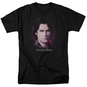 Vintage The Vampire Diaries Damon Salvatore Purple Floral Background Character Portrait Logo Graphic Crew Neck Short Sleeve Knit Pullover Regular Fit Casual Daily Wear All Season Mens Classic Vampire Drama Fan Tee Tops