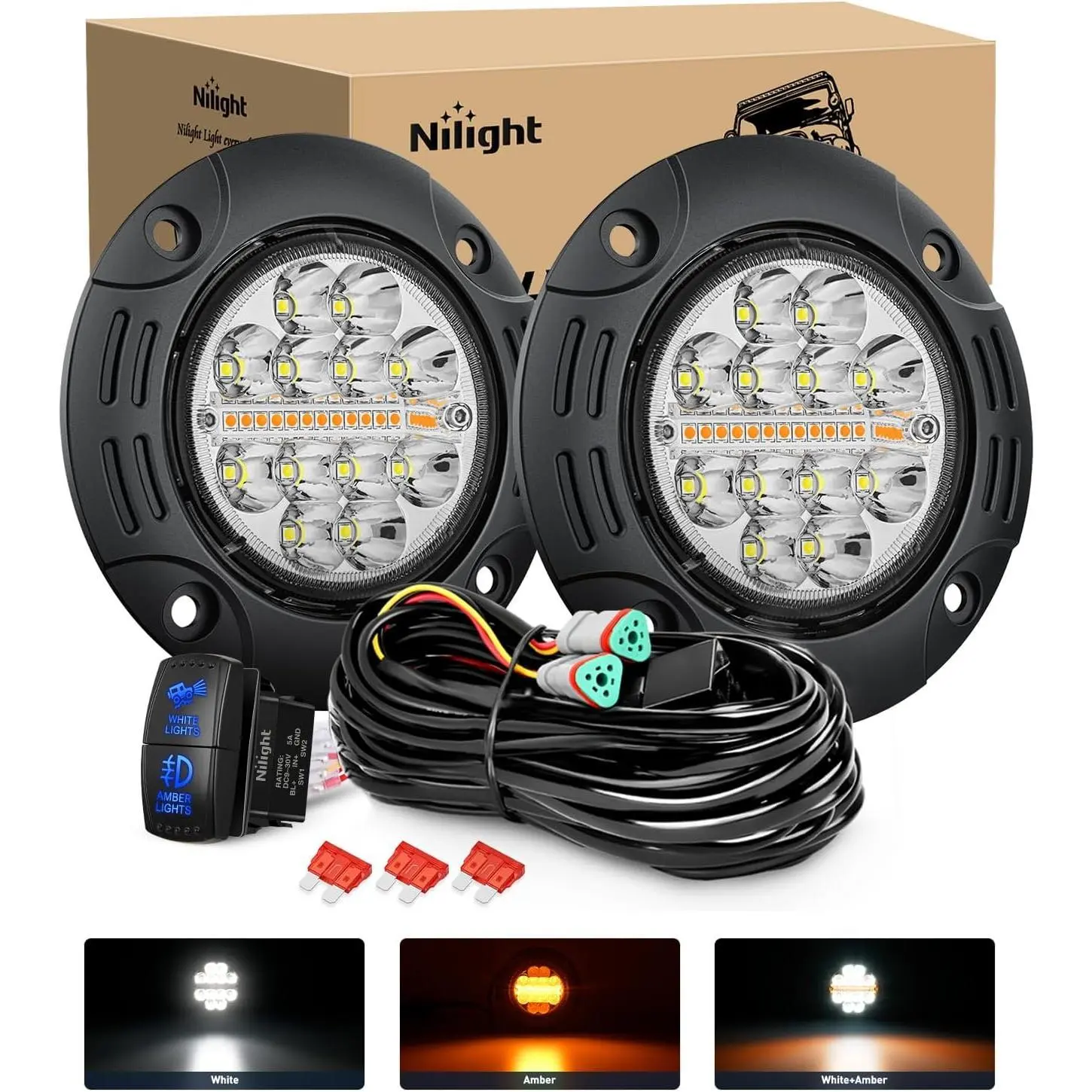 Nilight Flush Mount LED Light Pods 2PCS 5 Inch 36W Amber White 3 Lighting Modes Fog Lights Spot Flood Beam with Dual Control 18AWG Wiring Harness for Truck Pickup Golf Cart UTV ATV SUV Boat 4x4 Car