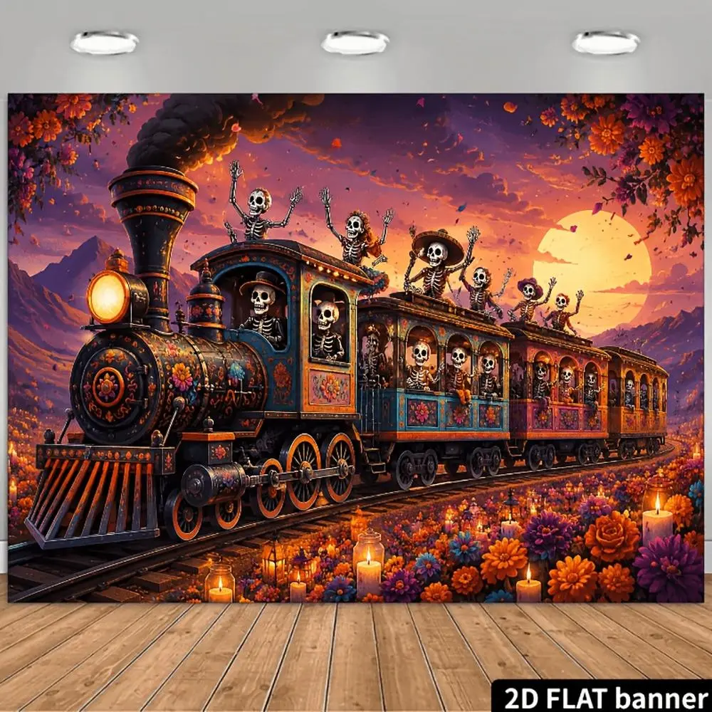 2D Flat Banner Day of the Dead themed skeleton train printed polyester photography backdrop, HD digitally printed soft lightweight foldable background cloth, suitable for indoor and occasional outdoor festival