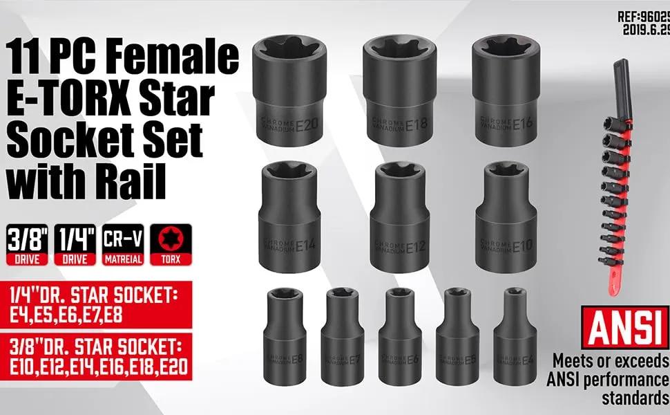 11-Piece E-Torx Socket Set - Star Socket Set with Socket Rail, External Torx Socket with Socket Organizer, External Socket Set, E4 E5 E6 E7 E8 E10 E12 E14 E16 E18 E20 Reverse Sockets SetQuesear