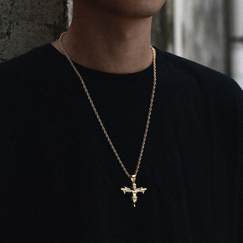 Hip-Hop Gold-Plated Masked Angel With Wings And Dual Swords Pendant Necklace, Solid Micro-Inlaid Zircon Jewelry