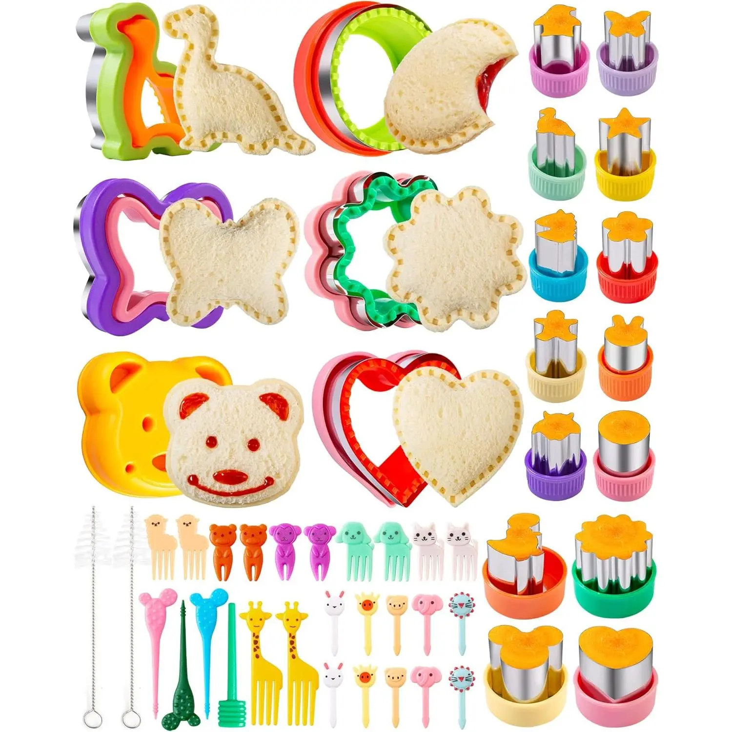 48Pcs Kids Sandwich Cutter Set, Cartoon Cookie & Fruit Vegetable Molds with Decor Food Picks, Mouse, Dinosaur, Star, Square & Heart Shapes, DIY Bento Box Kitchen Tools, Utensil Set, Playful