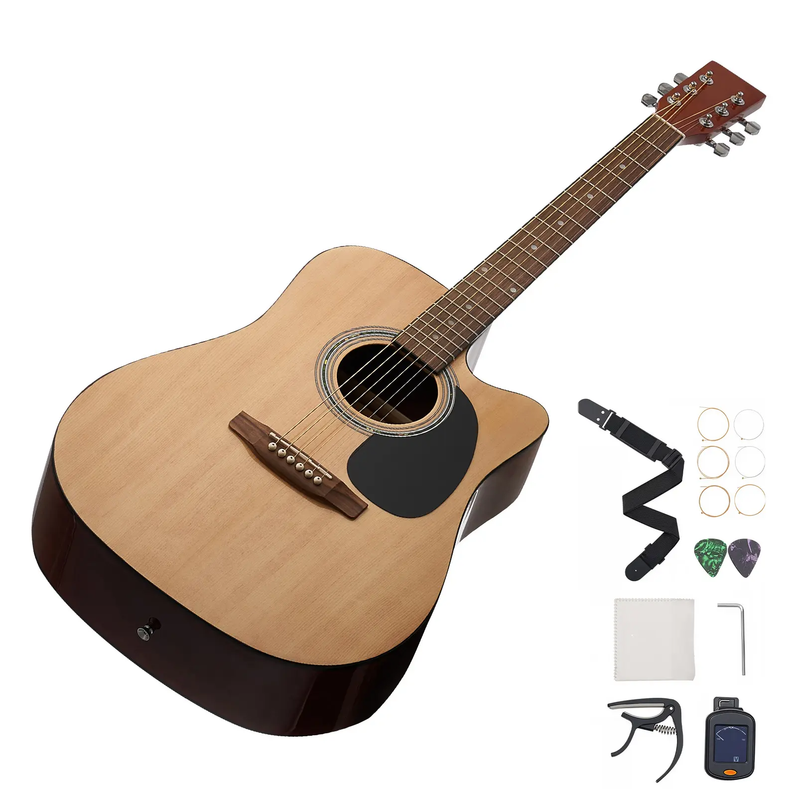 Cutway Acoustic Guitar, Natural Solid Spruce Top Guitar, Spruce Top, Mahogany Back, Rosewood Fingerboard Construction, Play with Ease, Rich Warm Sound, Full Set of Accessories