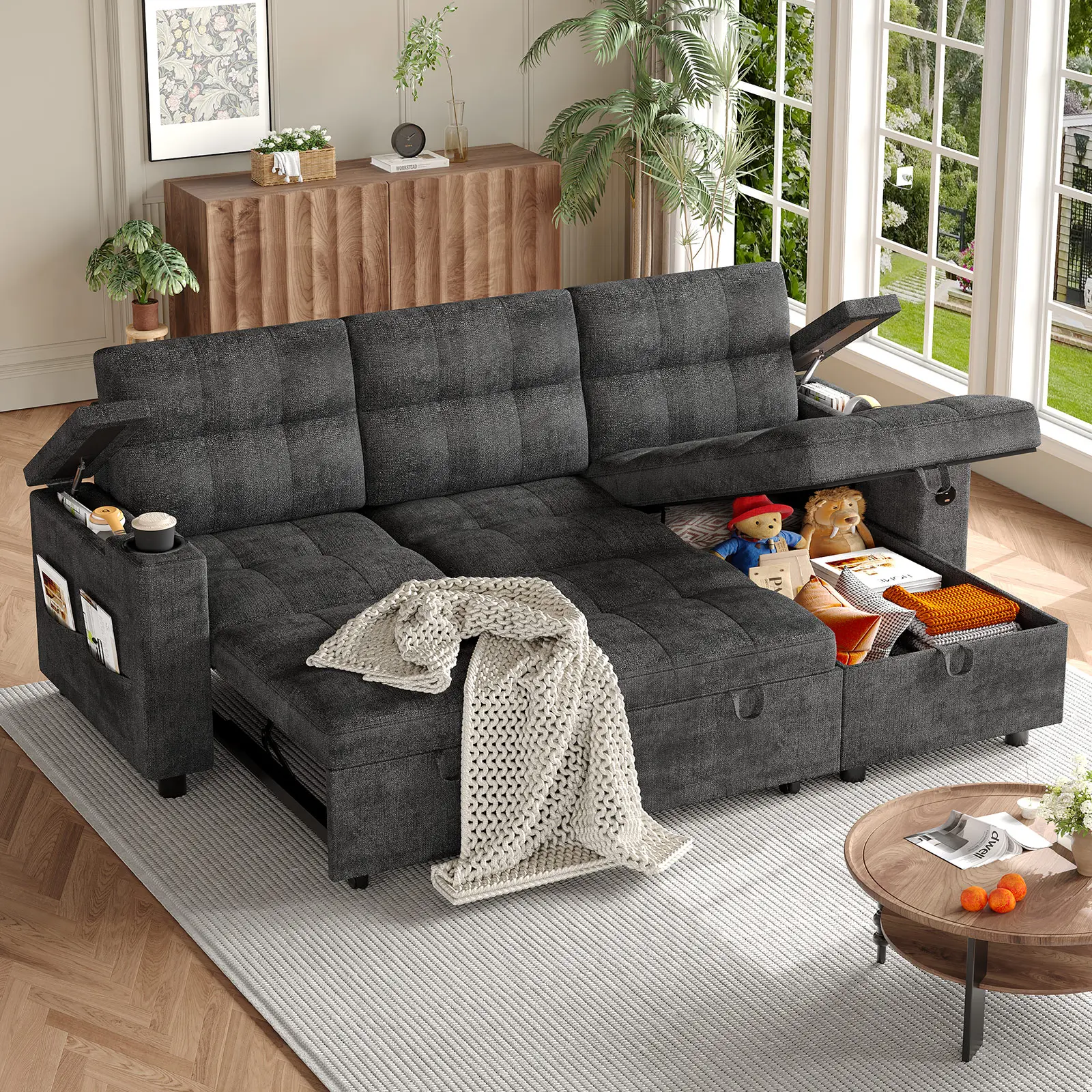 Convertible L-Shaped Modular Sleeper Sofa Bed - 84" Pull Out Couch with Soft Corduroy Upholstery, Hidden Storage Chaise, Armrest Storage, Cup Holders, USB Charging Ports for Living Room - Black/Dark Grey
