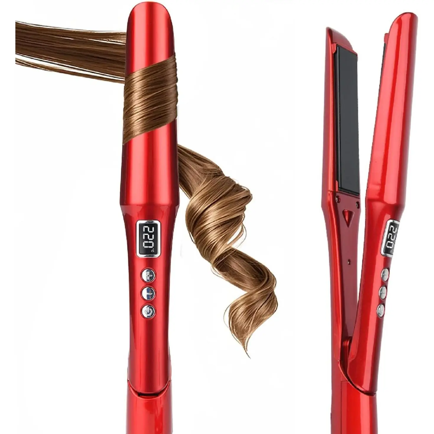 2-in-1 Hair Straightener and Curler with Titanium Plates, Ceramic Flat Iron for Smooth or Curly Styles, Fast Heat-Up, Negative Ions, Dual Voltage Travel Design (Red)Gift.