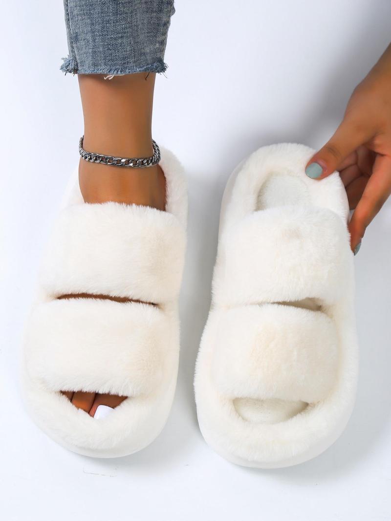 Women's Summer Comfort Solid Color Fluffy Slide Slippers, 2025 Summer Double Strap Bedroom Slippers, Girl Casual Soft Plush Home Slippers, Footwear & Walking Shoes, Flat Shoes Sandals