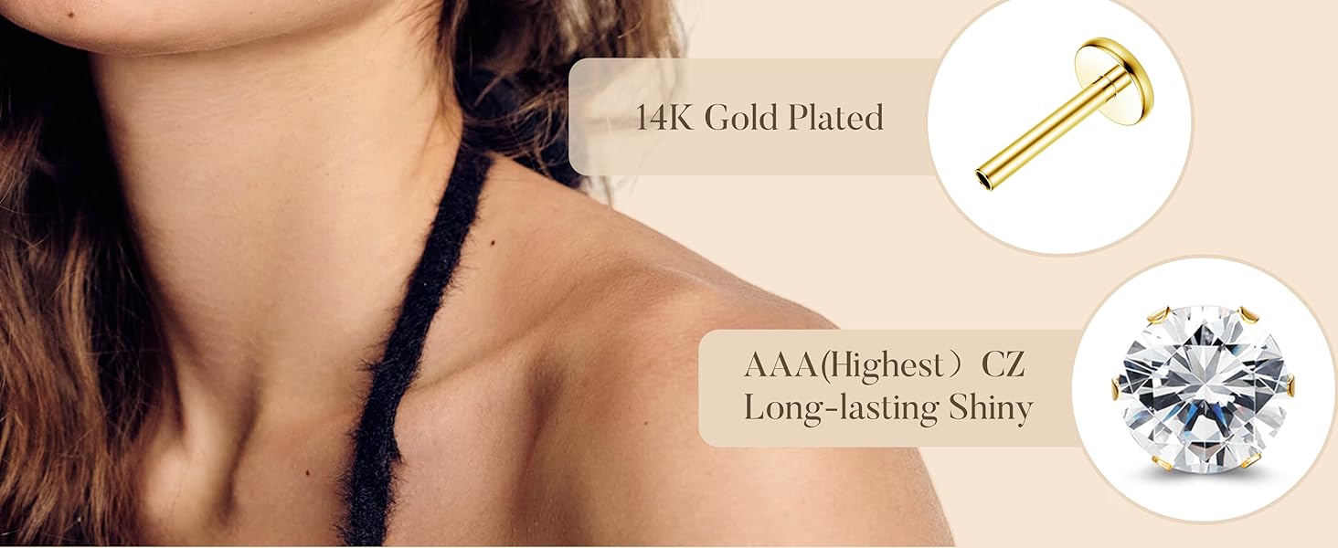 Exquisite Small Flat Back Earrings,Push in Stud Earrings for Women Men,Hypoallergenic 14K Gold Plated Surgical Stainless Steel Threadless Earring,Flatback Stud Hoop Cartilage Earring Set for Multiple Piercing