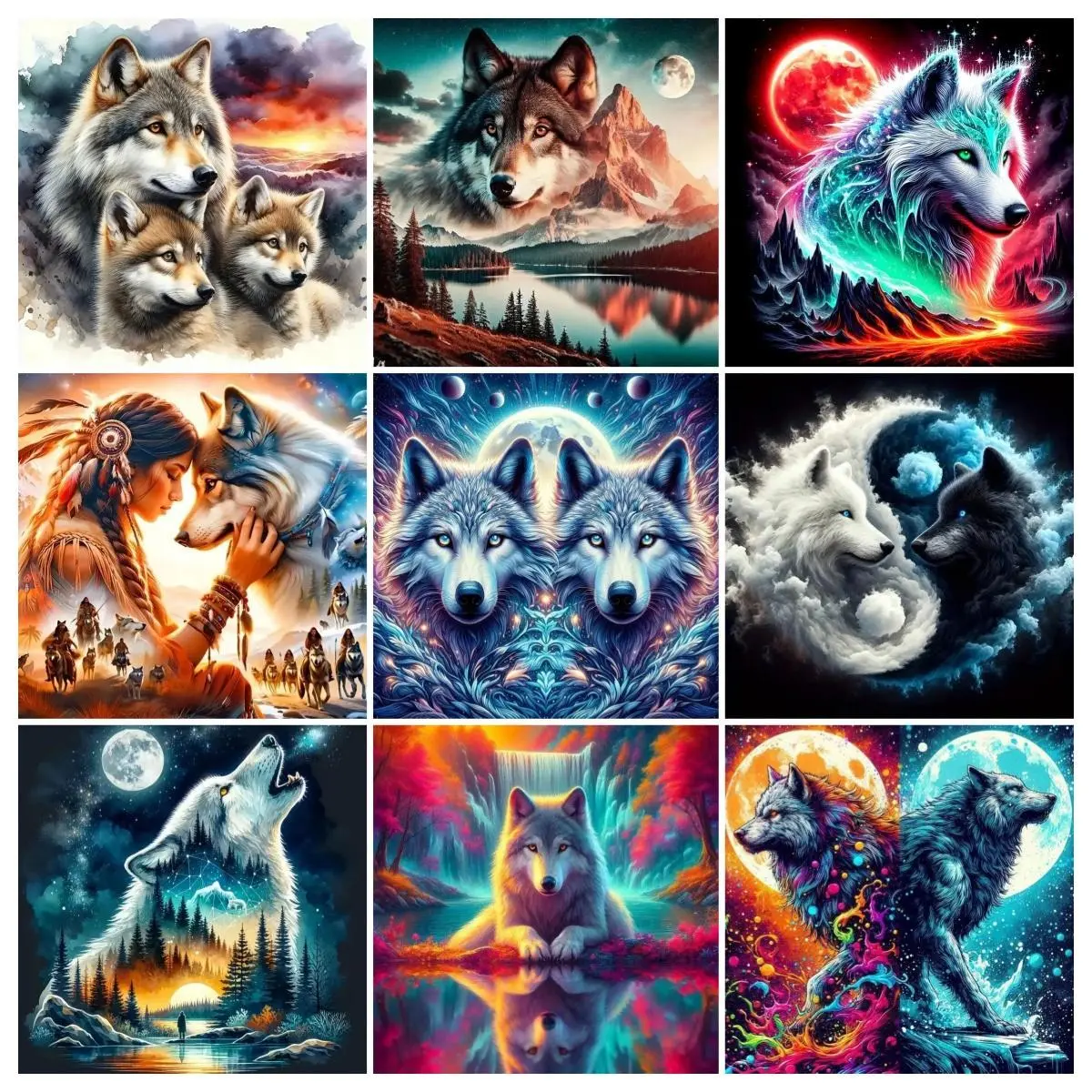 5D Full Square Round Rhinestone Diamond Painting Kit Fantasy Galaxy Wolf Wildlife Art, Moon Mountain Waterfall Native American Yin Yang Twin Wolves Canvas Diamond Craft Set for Living Room Wall Decor Wolf Lover Gift