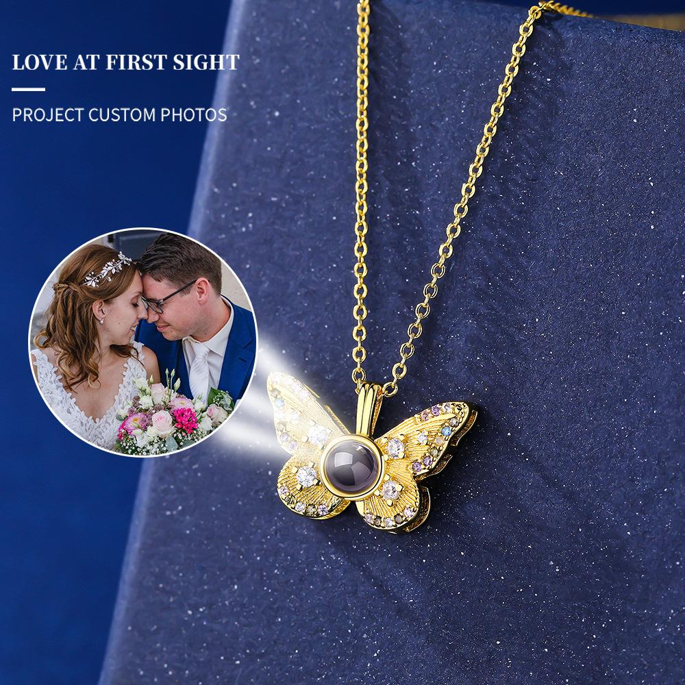 Best-selling versatile colorful diamond butterfly projection pendant for women, 100 languages "I love you" HD color photo necklace for women