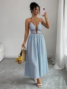 Women's Striped Deep V Neck Backless Sleeveless Maxi Dress, Womenswear, Sexy Vacation Chic Style, Elegant Summer Fashion, Perfect for Parties and Casual Wear