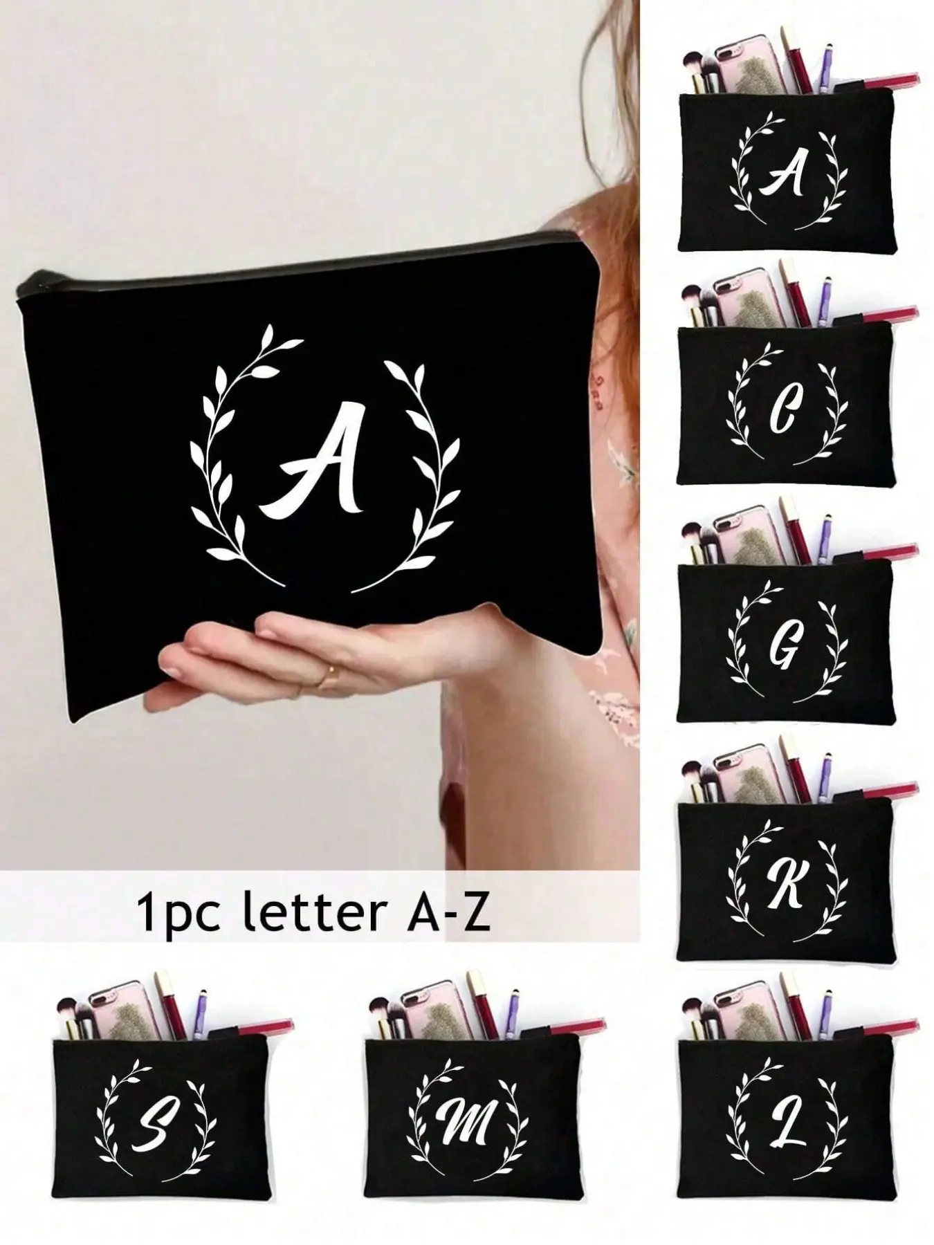 Patchwork Women's Makeup Bag, Olive Branch Hoop Pattern Small Bag, Letter A-Z, Portable Travel Cosmetic Organizer, Teacher's Day Gift