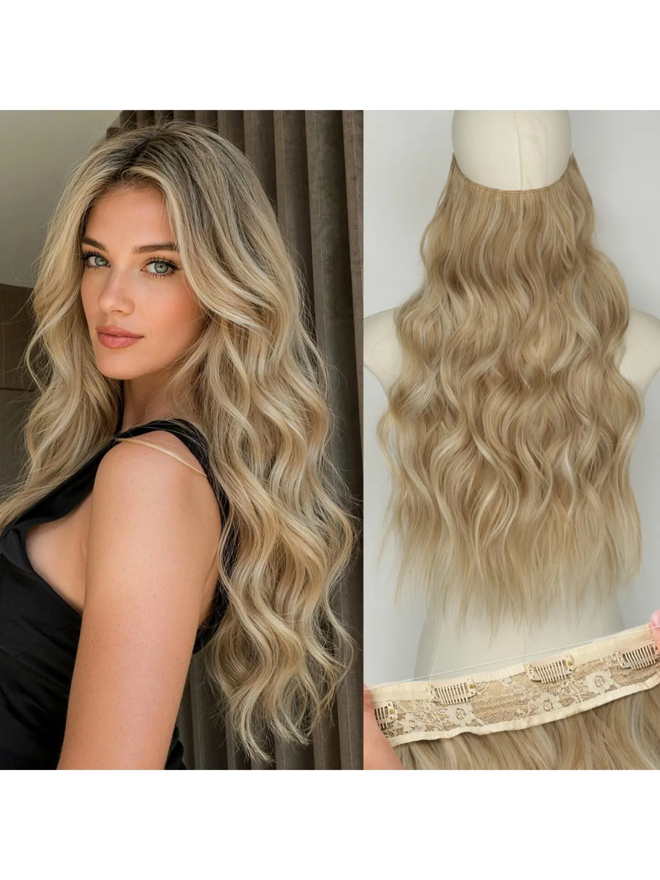 16-24 Inch Invisible Wire Fish Line Hair Extensions for Women, Synthetic Water Wave Hairpiece with 4 Clips, Natural Looking Wavy Hair Extension, Easy Wear Volume Hairpiece, Multiple Colors