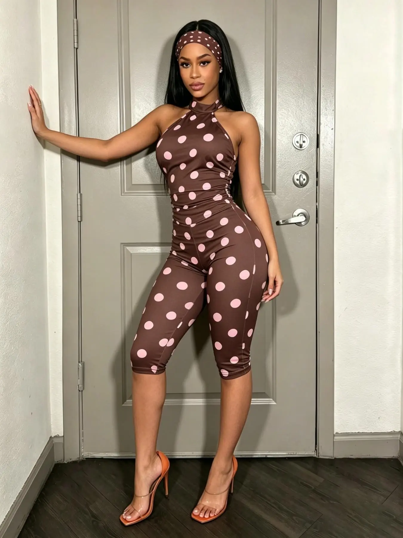 Women's Retro Polka Dot Sports Romper, Street Style Casual Wear, Summer Backless Design, Ideal for Travel, Dates, Outdoor Activities
