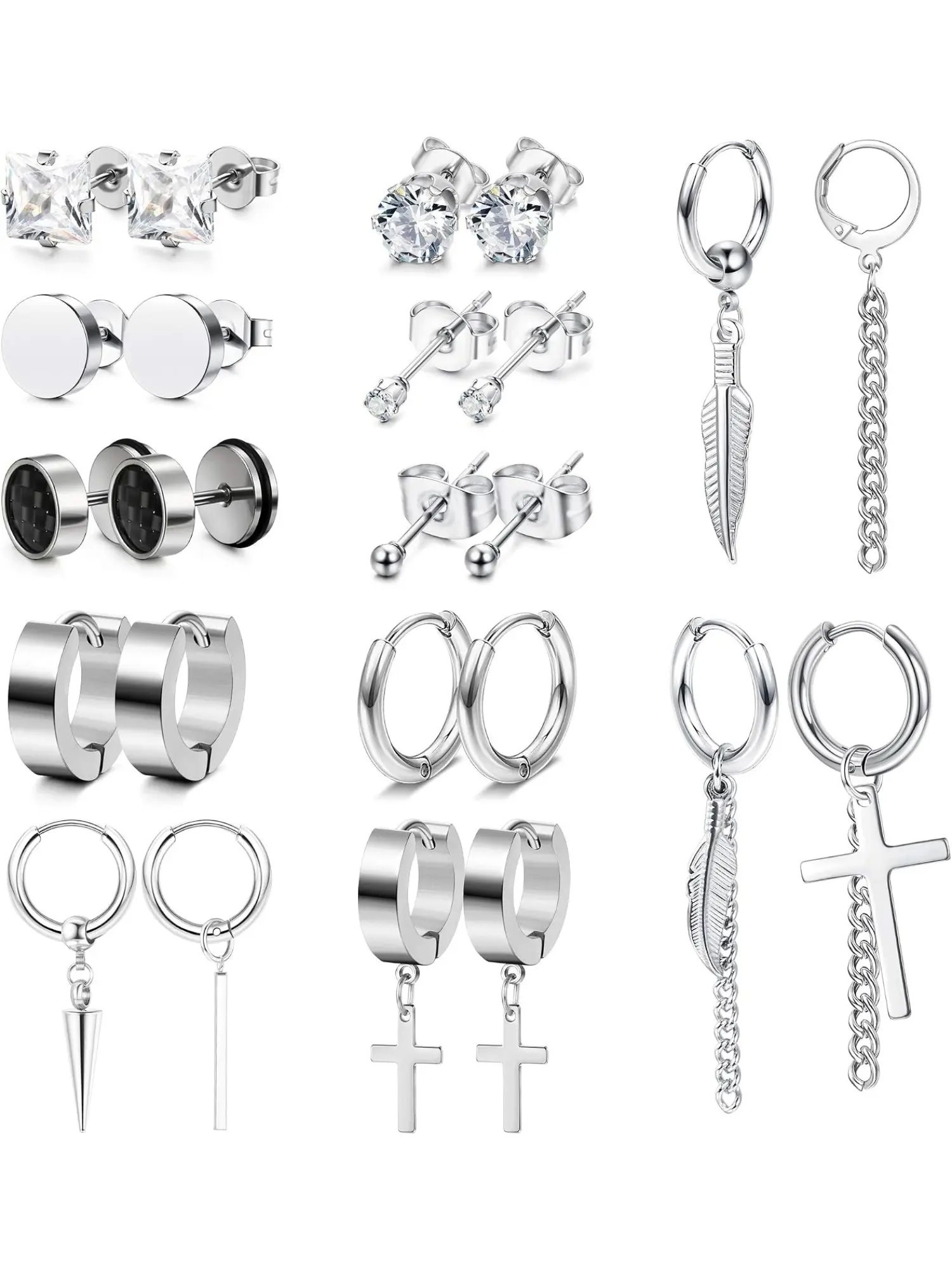 12 Pairs Sliver Earrings for Men Stud Hinged Hoop Earrings Stainless Steel CZ Cross Feather Dangle Earrings Long Chain Kpop Jewelry for Women