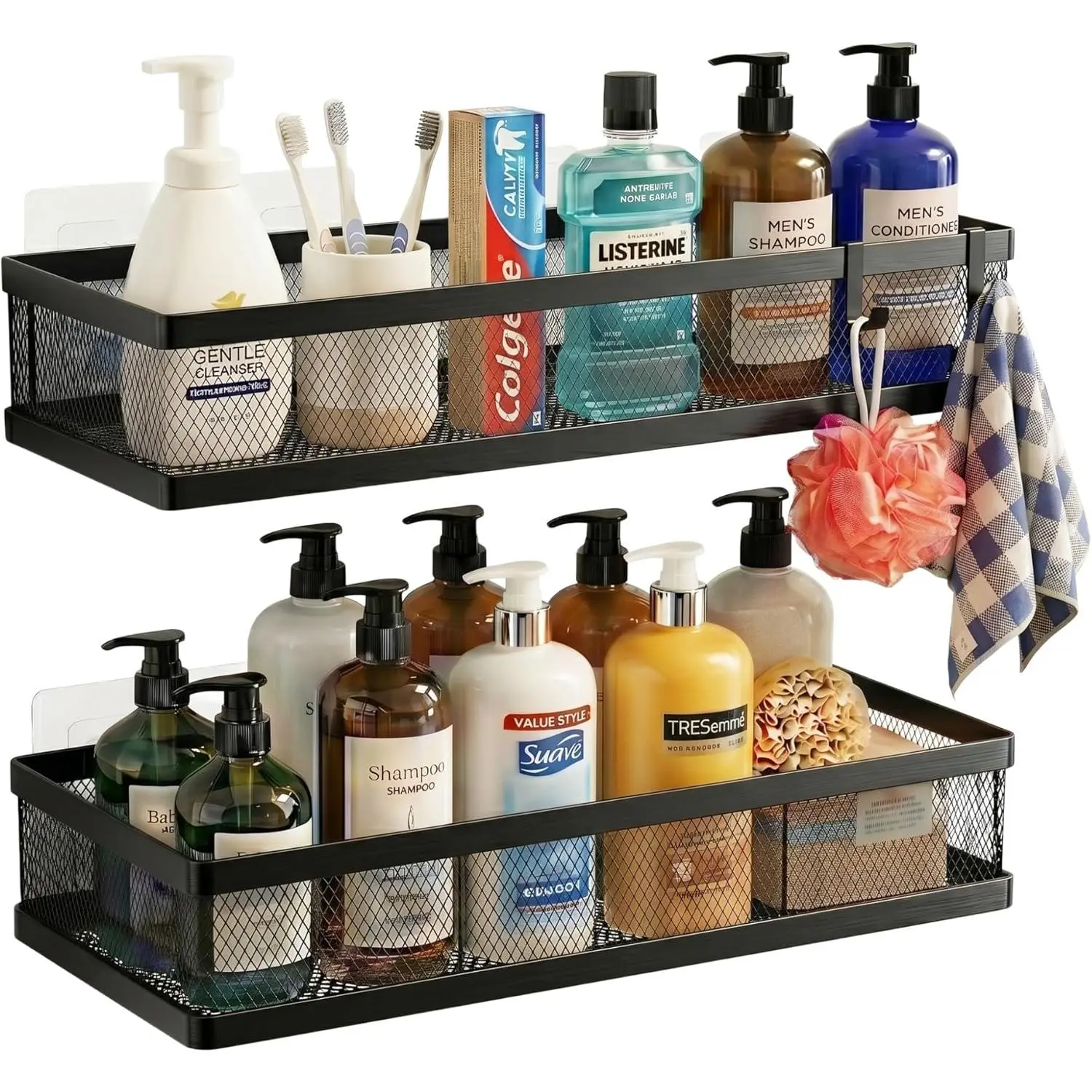 PUSDON Wall Mount Breathable Mesh Shower Caddy, Heavy-Duty Adhesive Bathroom Shelf Organizer with Adhesive Hooks, Rustproof Modern Matte Black Multi-Purpose Storage (2-Pack, 50 LBS Capacity), Breathable Mesh Design
