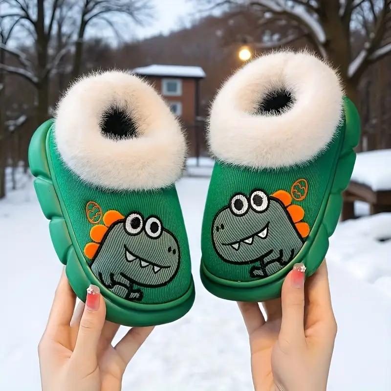 Girls & Boys Cute Dinosaur Slippers - Soft Fabric Upper with Plush Lining & EVA Sole, Green with Heart & Dinosaur Patterns, Cozy Indoor/Outdoor Winter Shoes for Kids, All-Season Comfort, Easy Slip-On Design (Low-Top) - Ideal for Home, School, Play - Durab