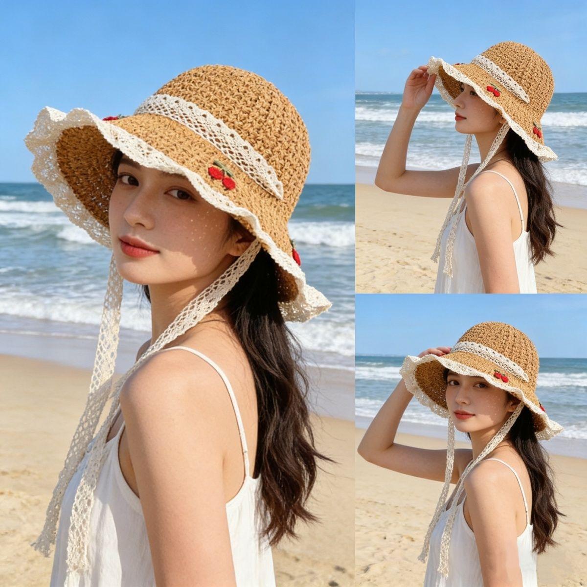 Korean-style Sweet Cherry Embroidered Straw Hat Summer Sun Protection Foldable Trendy Beach Hat for Vacation