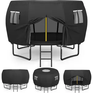 12FT Round Trampoline Top Cover For 8 Curved Pole Trampoline 420D Oxford Waterproof UV Protection Tear Resistant With Clear PVC Skylight 4 Breathable Side Windows Full Windproof Buckle Strap Fix Outdoor Kids Play Trampoline Tent Cover Only