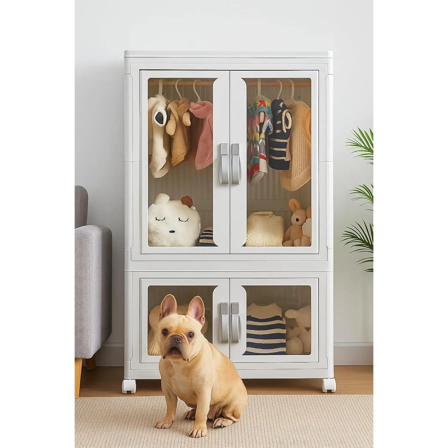 Pet Clothing Storage Cabinet with Hanging Rod Foldable Plastic Storage Bin 2-Tier Dog Clothes Organizer for Small Pets Lightweight Waterproof Portable Cat Wardrobe Closet