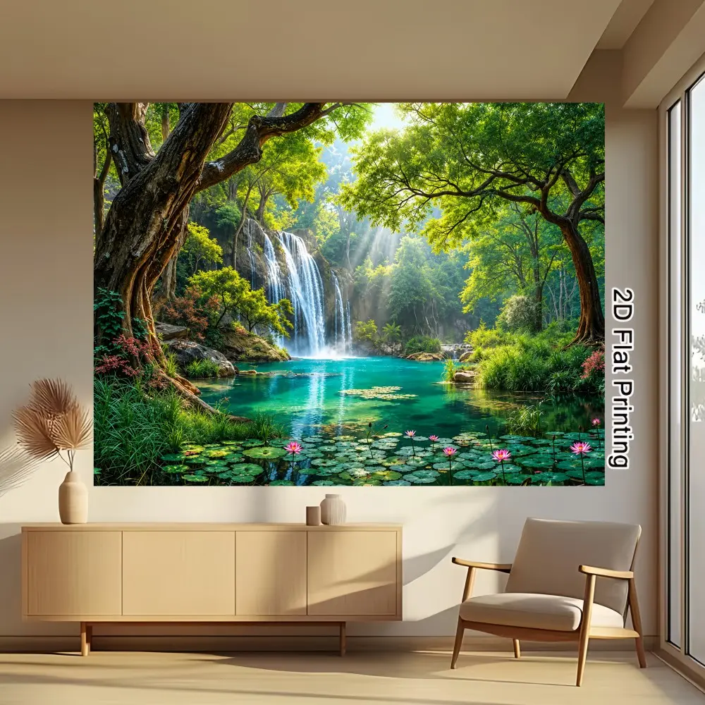 1PC 2D flat forest green plants waterfall Bitan sunshine forest natural landscape background cloth polyester fiber suitable for forest photography, photo framing, natural theme party scenery, still life photography, indoor and outdoor wall decoration