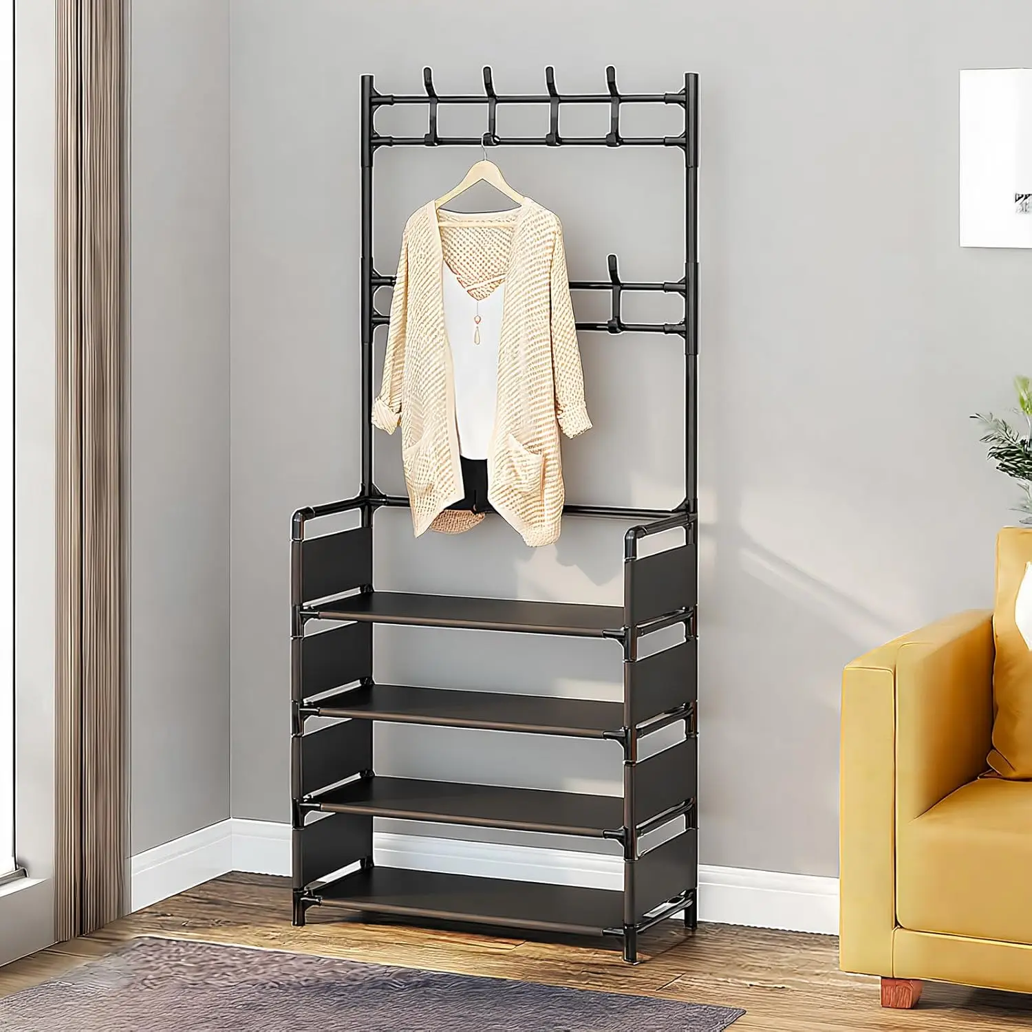 High-heel shoe storage box for closet entrance or garage, comes with 8 hooks, vertical shoe rack, 4 tiers, 23.6 inches wide, can hold 12 pairs of shoes