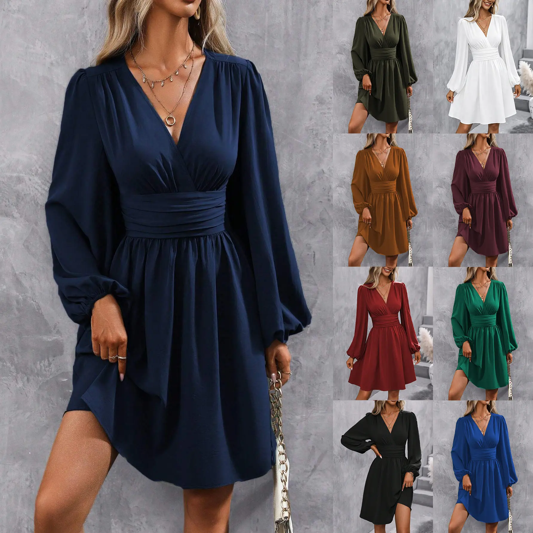 Women V‑Neck Wrap Dress Long Lantern Sleeve Waist Pleated A‑Line Short Dress Casual Fall Winter Elegant Flowy Mini Dresses