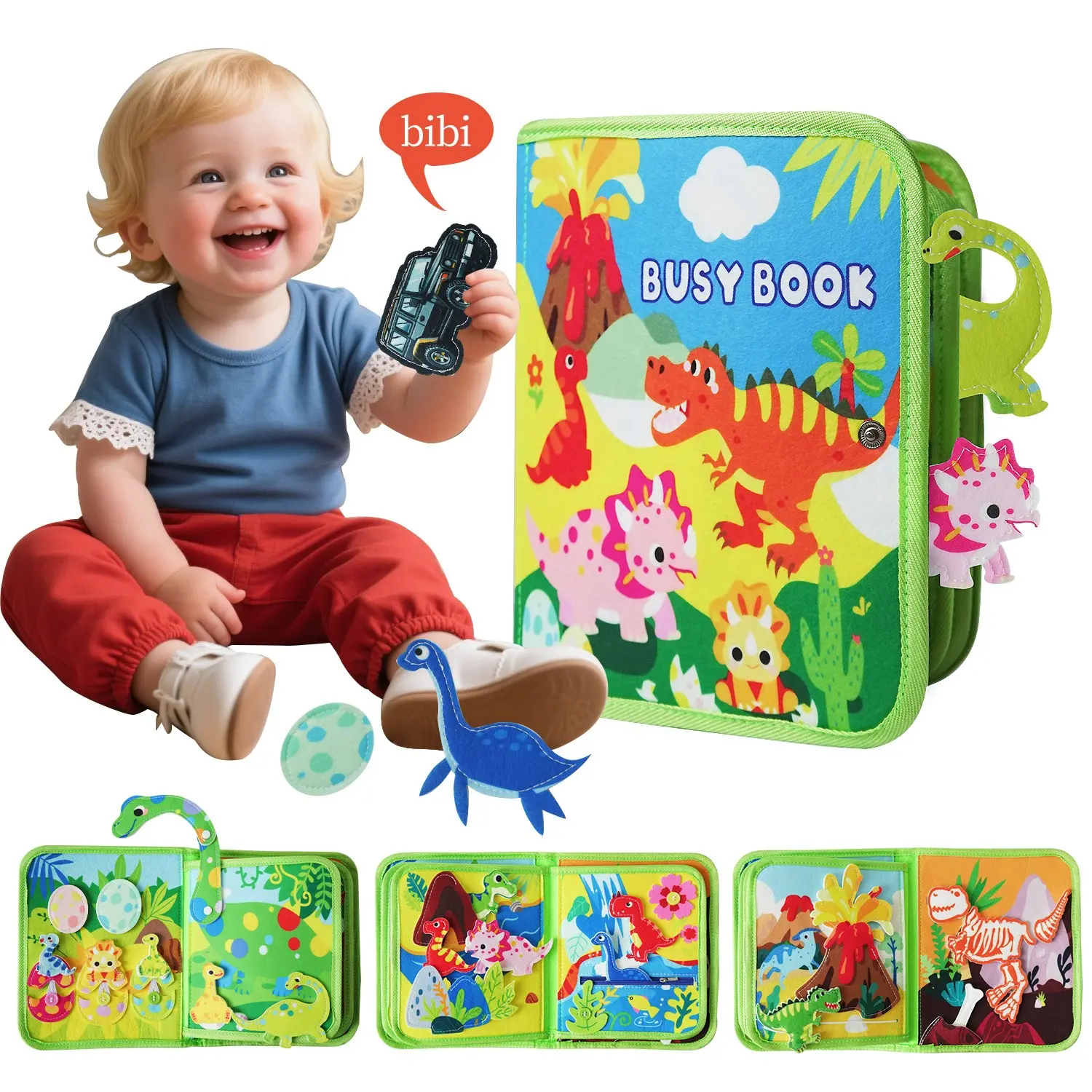 Montessori Busy Book Flannel Dinosaur Storybook Children's 3D Cloth Book, Sensory Books, Preschool Books, Sensory Busy Board Felt Toy, Travel Car Quiet Book, Educational Activity Book for Boys and Girls, Learning Toy, Holiday Gift