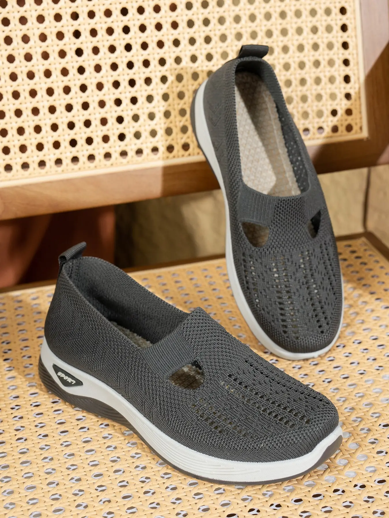 Women's Breathable Slip-On Casual Shoes, Thick Anti-Slip Flat Rubber Shoes, Wide Fit, Textile Upper, PVC Sole, All Seasons