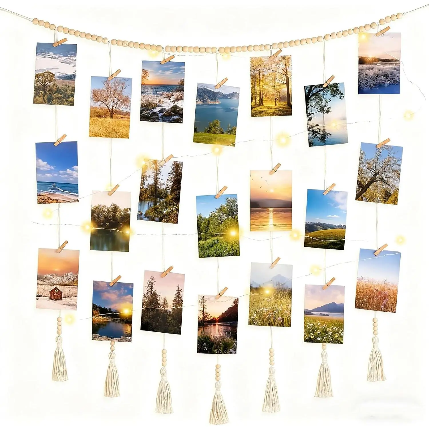 Macrame  Photo Display Wall Decor,Picture Holder with 30 Clips for Bedroom Wall,Picture Christmas Card Holder with String Lights, Room Decor for Teen Girls, Christmas Card Display ,Presents for Teens