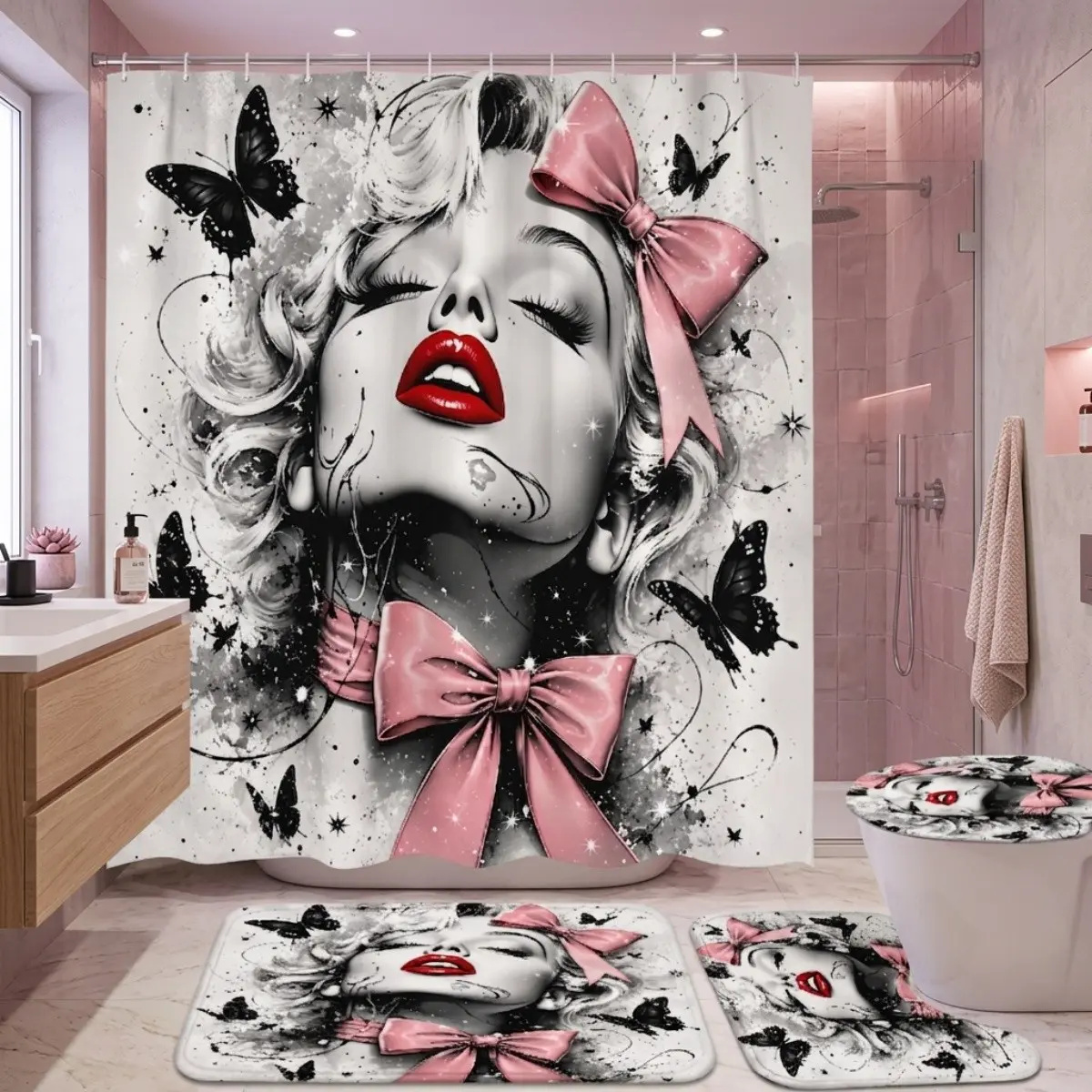 4pcs Marilyn Monroe Bathroom Decor Set, Aesthetic Shower Curtain with Bows, Stylish and Accessories, Romantic Bath Rugs, Shower Curtain Set For Bathroom, Shower Curtain Sets