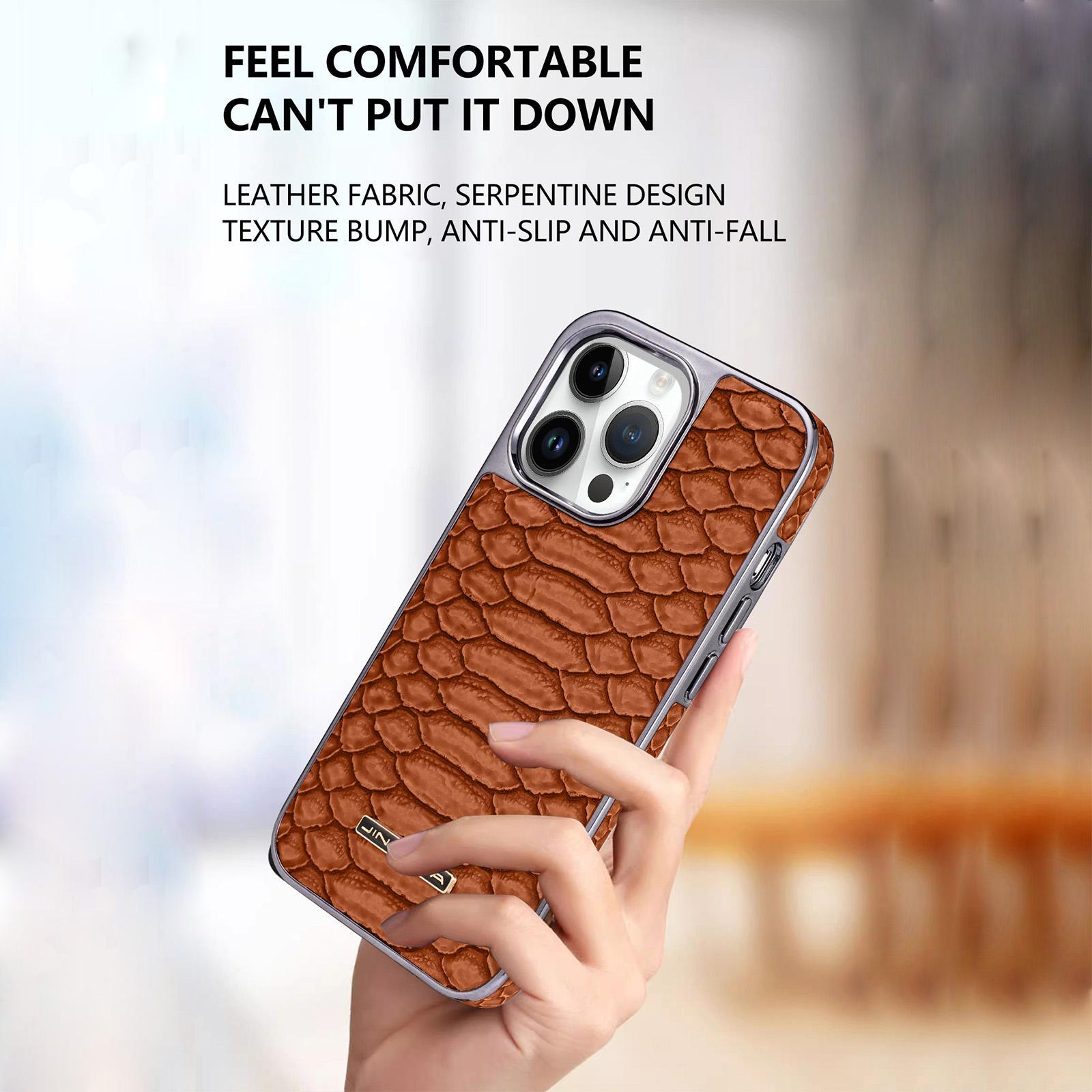 Snake Skin Pattern Phone Case, Electroplated Frame Slim Premium Faux Leather Cover, Shockproof Full Protective Case for iPhone 16/15 Pro Max