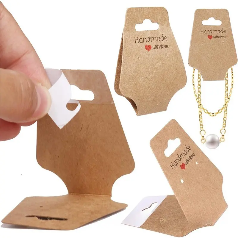 100 Pcs Self-Adhesive Jewelry Display Cards – 4.7 × 1.7 in brown display cards for bracelets, necklaces, earrings. Writable DIY packaging cards with adhesive backing, perfect for jewelry display, retail packaging, handmade gift, Craft