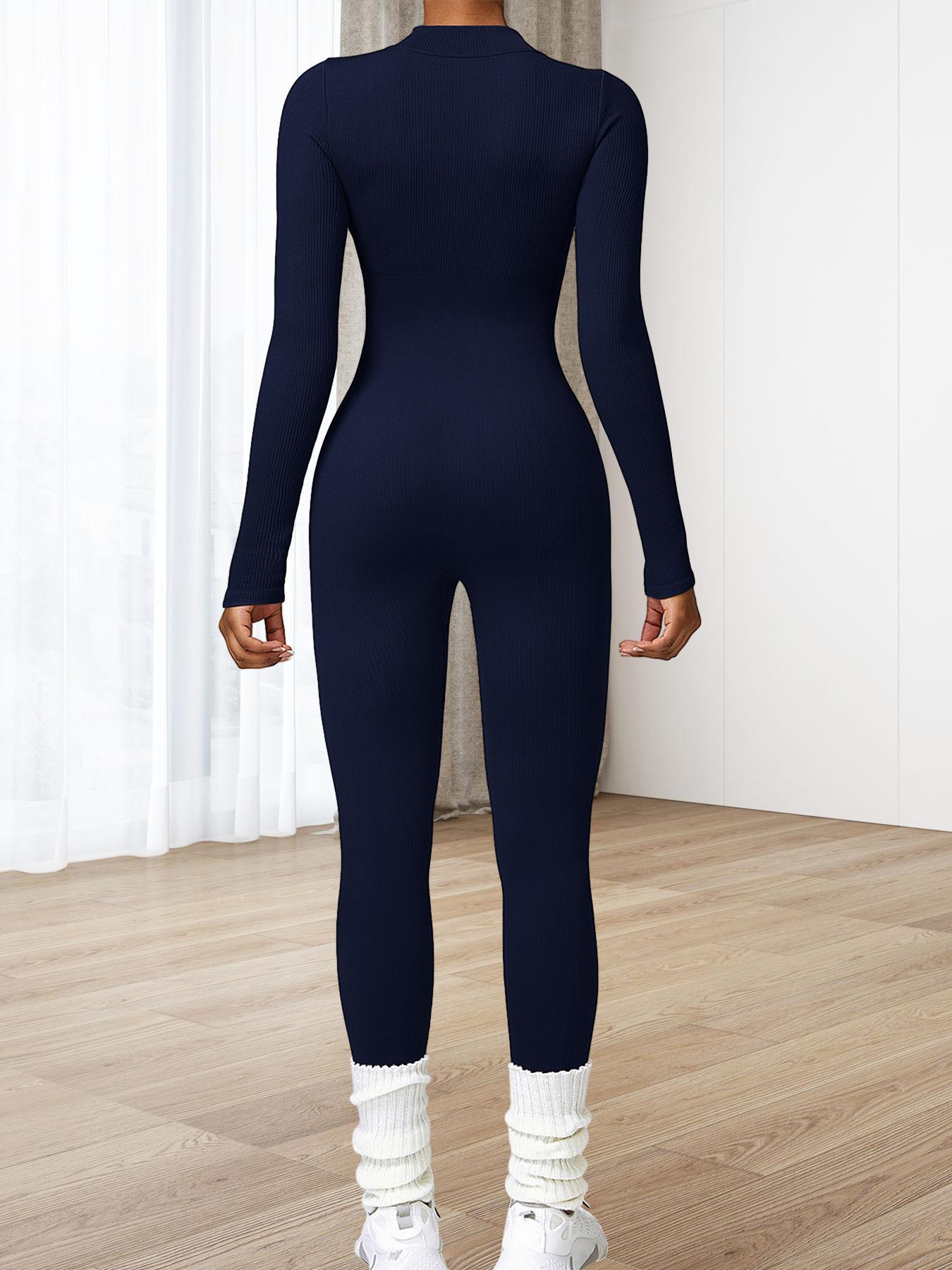 Women's Solid Zip Up Stand Collar Sports Jumpsuit, Fitness Long Sleeve Seamless Jumpsuit for Yoga Gym Workout, Holiday Outfits, Ladies' Sport Clothes Clothing, Tummy Control