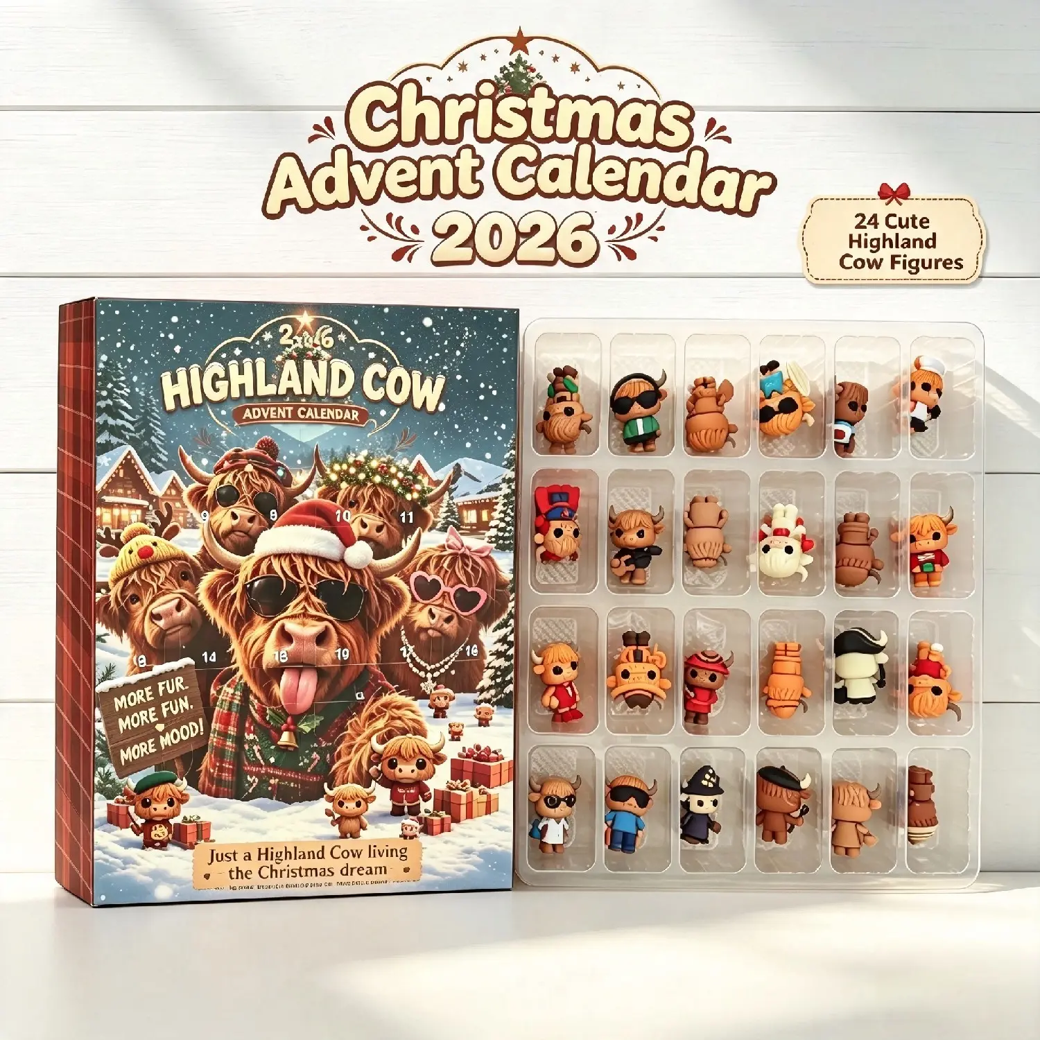 2026 Highland Cow Christmas Calendar, 24 Cute Collectible Mini Models, Countdown Advent Calendar Doll Set, Holiday Gift for Kids & Adults, Festive Home Decor