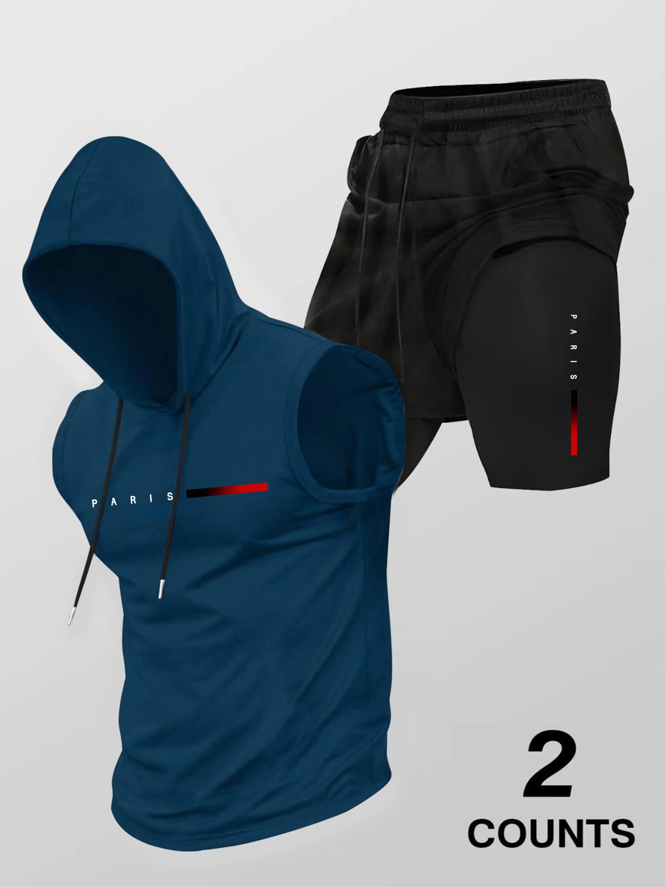 Two-Piece Set Men's Letter Print Hooded Tank Top & Drawstring Waist Shorts Set, Regular Fit Sleeveless Top & Track Shorts, Casual Summer Clothes Set for Outdoor Sports