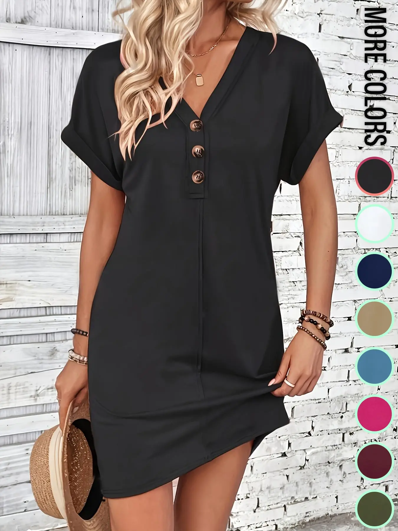 Women's Plain Button V Neck Basic Blouse Tee Dress, Buttoned Dress, Casual Minimalist Short Sleeve Batwing Sleeve Short Dress for Summer, Fashion Women's Dress