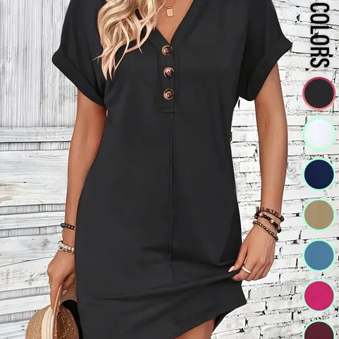 Women's Plain Button V Neck Tee Dress, Button Front Dress, Casual Short Sleeve Batwing Sleeve Short Dress for Summer, Fashion Women's Dress