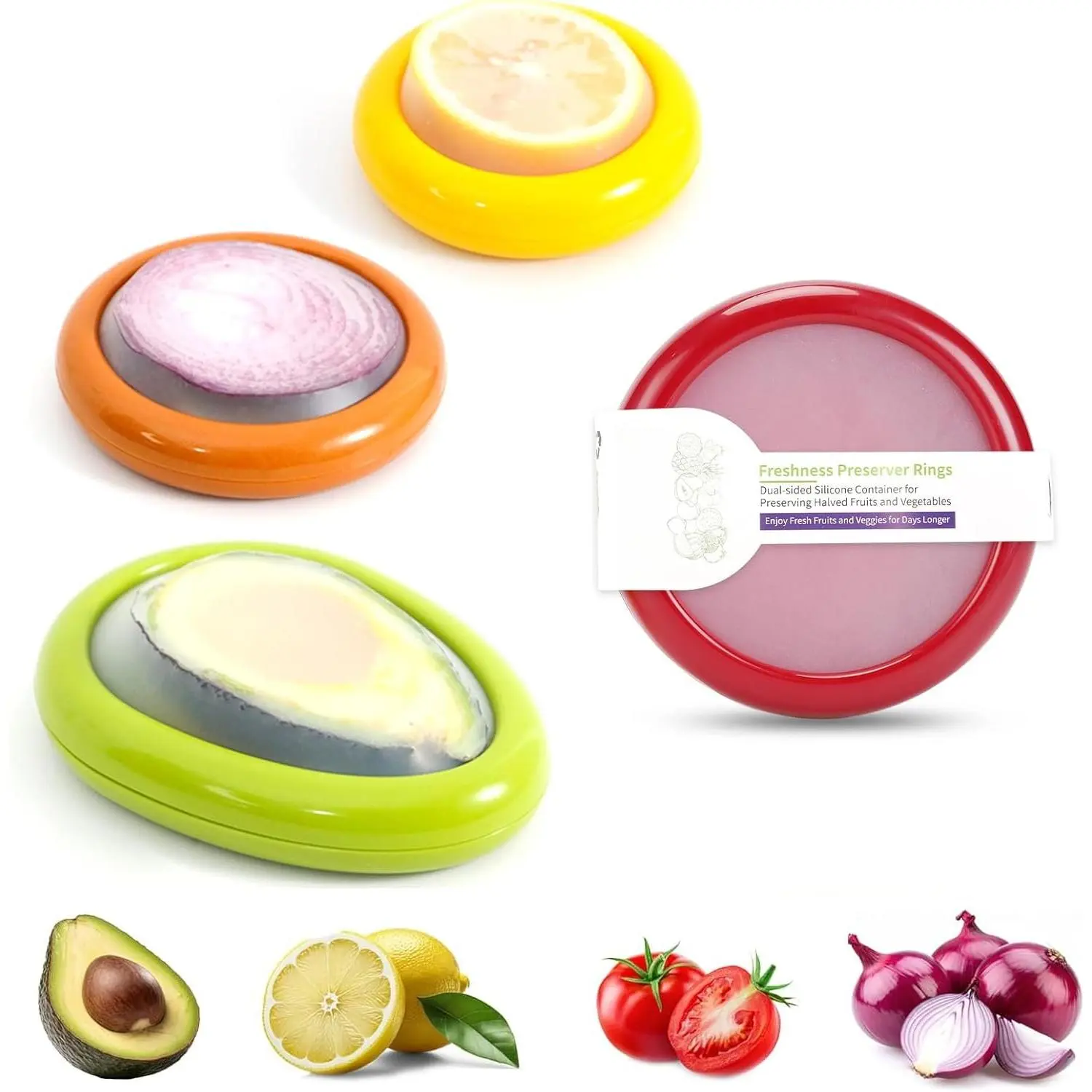 4-Piece Fruit & Veggie Preservation Containers with Elastic Lids & Covers - Airtight Seal, Dishwasher-Safe, Stackable Food Storage for Avocados, Tomatoes, Apples, Cover, Kitchen