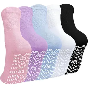 Non Slip Socks for Women: Non Skid Crew Grip Socks with Gripper for Elderly Pregnant Hospital Slipper Grippy 5 PairsGift.