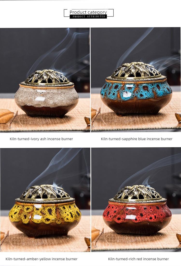 Ceramic Incense Burner for Sandalwood & Coil Incense Retro Alloy Lid Ice Crack Kiln Glaze Small Aromatherapy Furnishing Ornament Censer holder